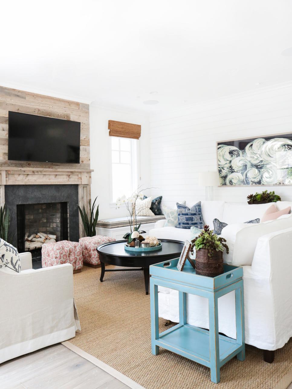 White Country Living Room With Blue End Table White Living Room With Blue End Table