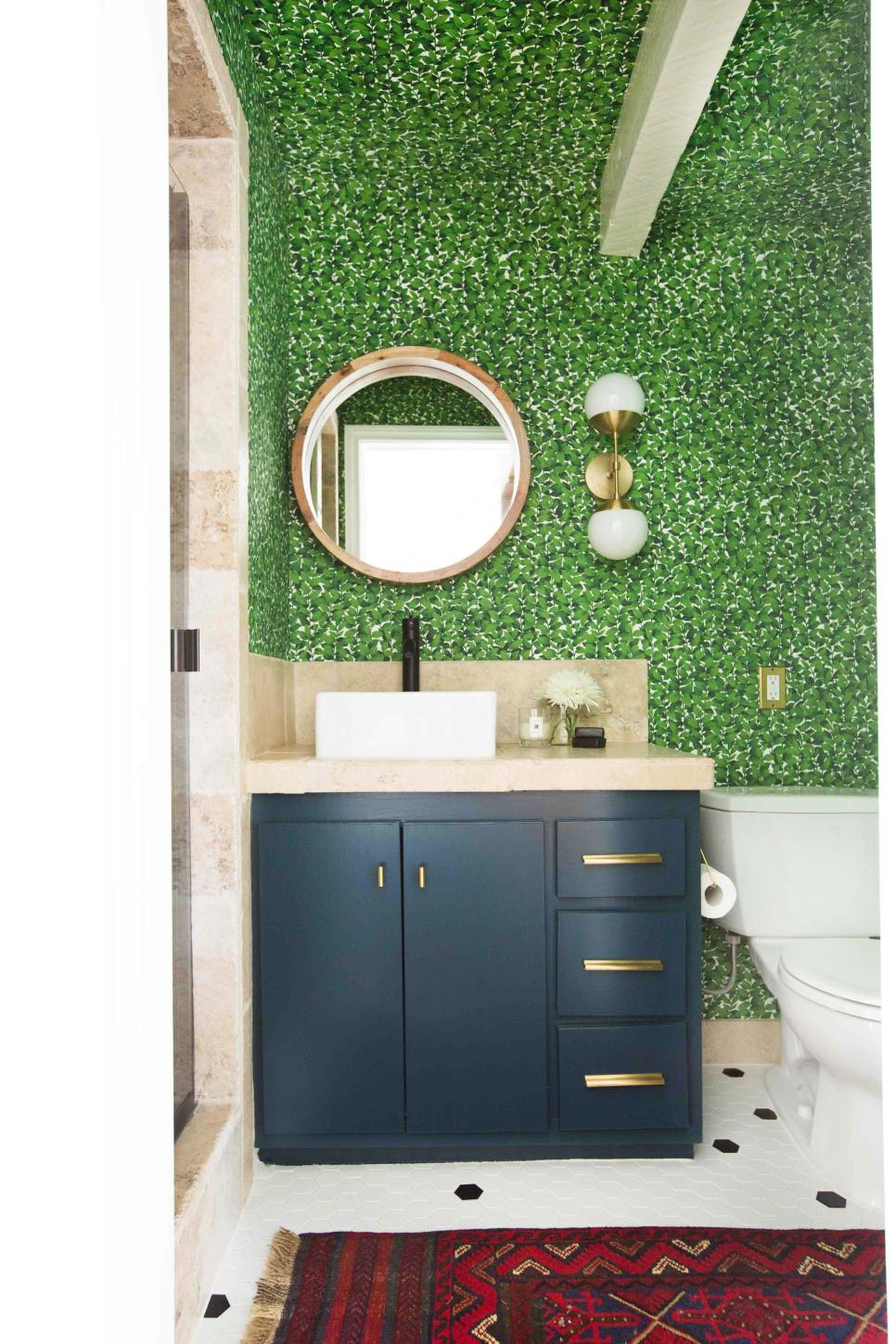 Green Eclectic Powder Room With Red Rug Green Eclectic Powder Room