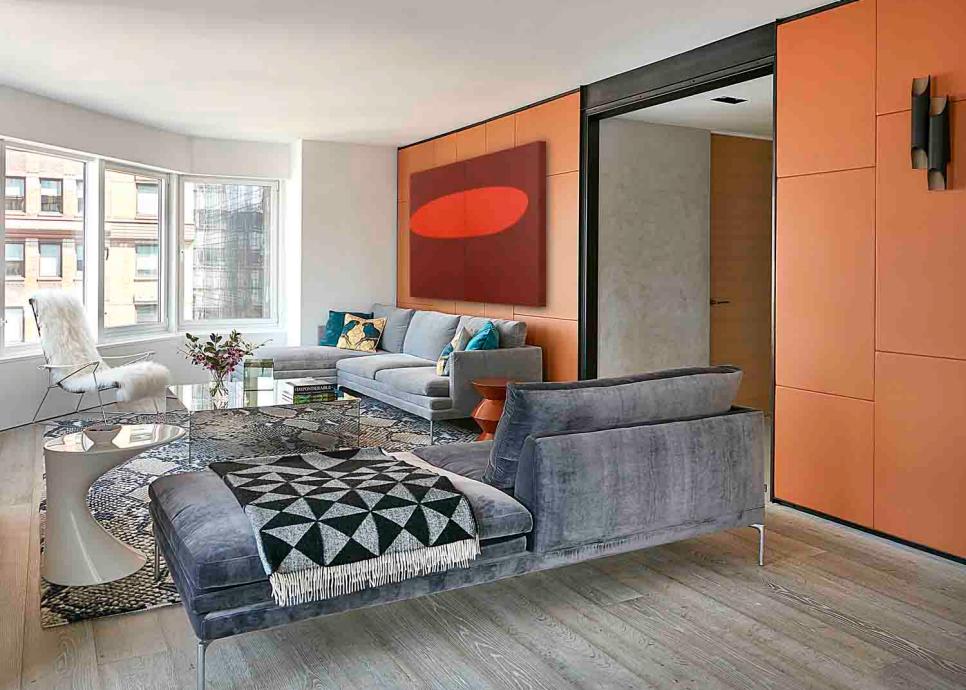 Gray and Orange Modern Living Room With Paneling Gray and Orange Modern Living Room