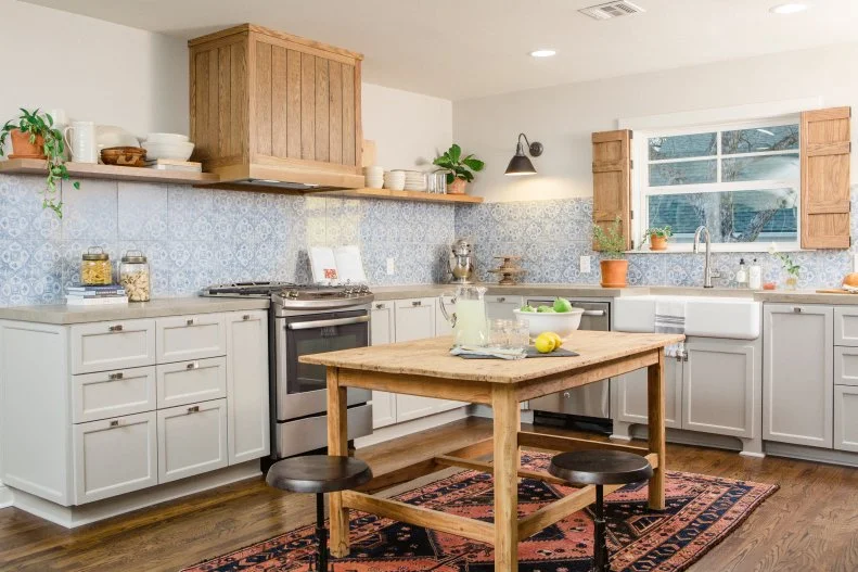 Neutral Kitchen with Brown Wood-Framed Vent Hood 