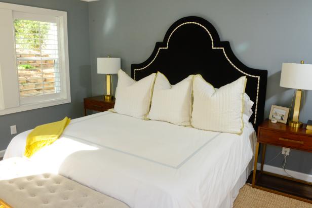 Traditional Navy and Yellow Master Bedroom with Upholstered Headboard Navy Yellow Master Bedroom Upholstered Headboard Nightstands Lamps