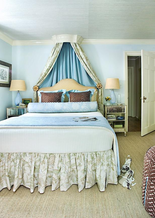 Blue and Green Master Bedroom with Floral Accents, Woven Rug and Canopy Blue Green Master Bedroom Floral Accents Woven Rug Canopy