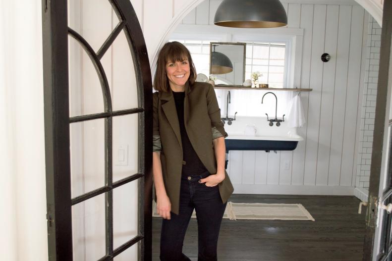 Leeanne Ford in the master bathroom that she renovated with her brother Steve Ford as seen on Restored by the Fords 