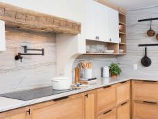 White Kitchen with White Marble Backsplash, Cabinets, Countertops