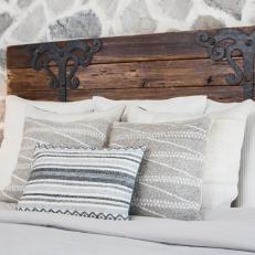 White Rustic Master Bedroom with Brown Wooden Headboard