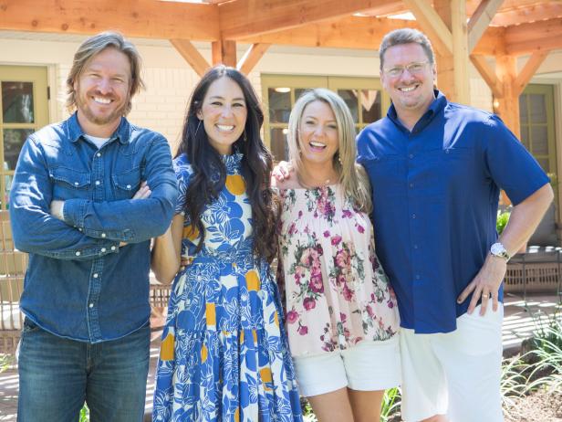 As seen on Fixer Upper, the Jackson family in front of their newly remodeled home with Chip and Joanna Gaines. (Behind-the-scenes)