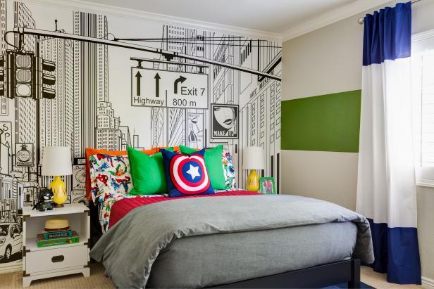 Multicolored Contemporary Boy's Bedroom With Mural Multicolored Contemporary Boy's Bedroom With Mural