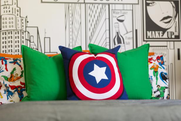 Boy's Bedroom With Super Hero Pillows Boy's Bedroom With Super Hero Pillows