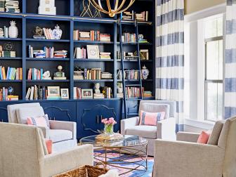 Blue and Pink Transitional Library With Striped Curtains