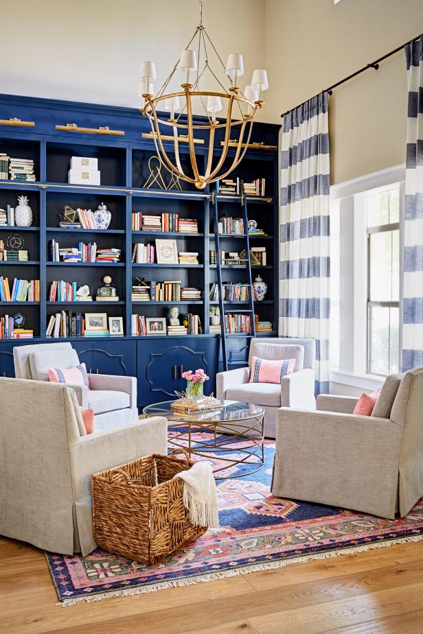 Blue and Pink Transitional Library With Striped Curtains Blue and Pink Transitional Library With Striped Curtains