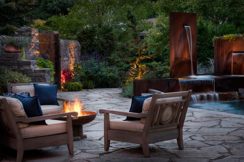 Contemporary Flagstone Patio With Fire Pit, Corten Steel Water Feature