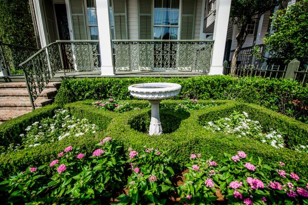 Boxwood Parterre Garden Adds Curb Appeal Traditional Front Yard With Boxwood Garden, Bird Bath