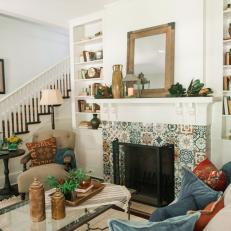 After: Living Room With Patterned Tile Fireplace