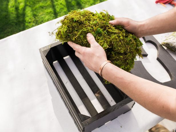 Step 7-  Fill with Moss
Place moss in the crate, filling to the top. Tuck any loose ends back into the crate.