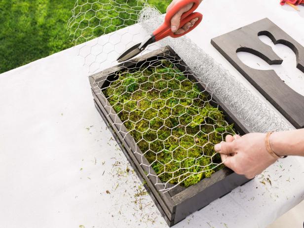 Step 8- Add Chicken Wire 
Once moss is tucked inside, cut a piece of chicken wire that matches your crate dimensions. Use wire snips or strong utility scissors for this. Once wire is cut, carefully tuck cut ends of wire down into the crate so it’s secure.