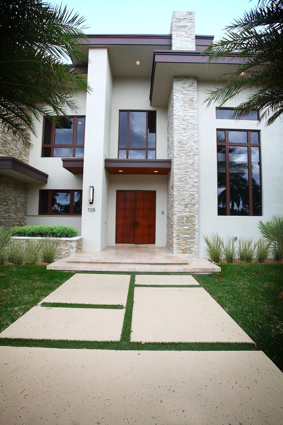 Front Entry to Contemporary Waterfront Home White Contemporary Exterior