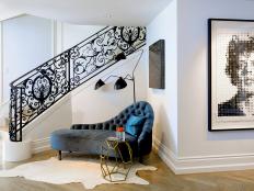 Contemporary Foyer With Gray Chaise, Black Stair Railing