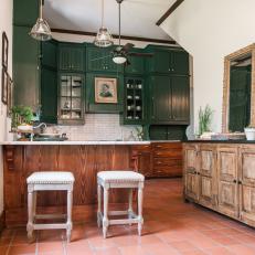 Rustic Neutral Kitchen with Green Wooden Cabinets 
