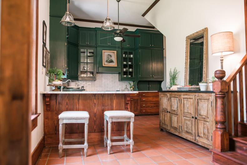 Neutral Kitchen with Green Wooden Cabinets 