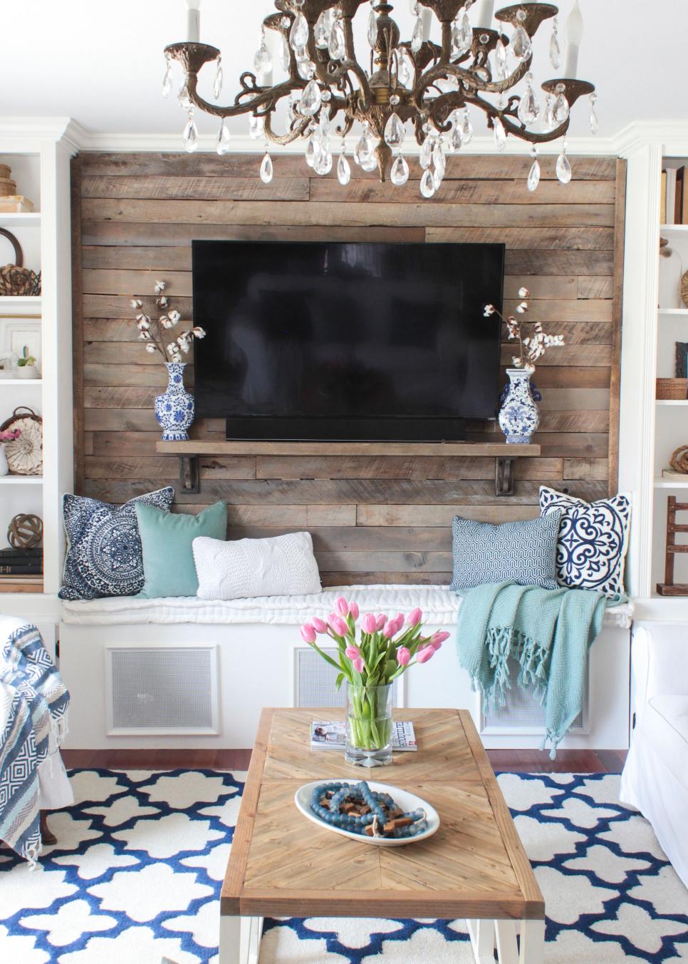 Contemporary Living Room With Pallet Accent Wall, Built-Ins Living Room With DIY Pallet Wall, Storage Bench, Built-Ins