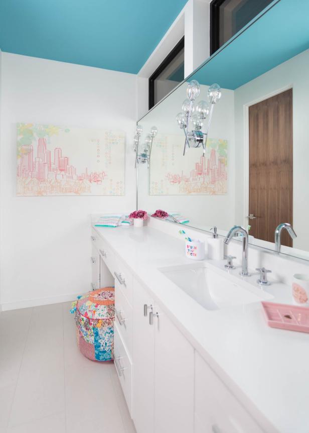 White Kids' Bathroom With Blue Ceiling and Neutral Tile Floor