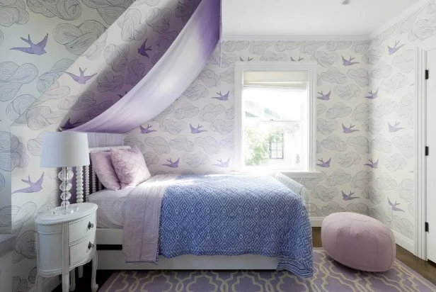 Eclectic Girl's Bedroom With Whimsical Wallpaper