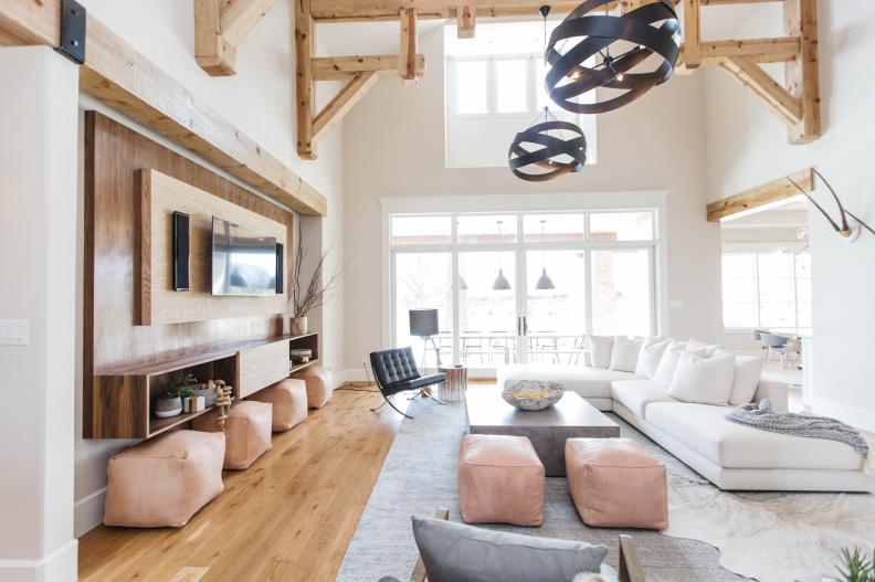 Contemporary Living Room With Exposed Wood Beams