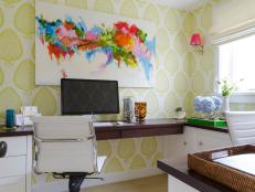 Home Office With White and Lime Green Wallpaper