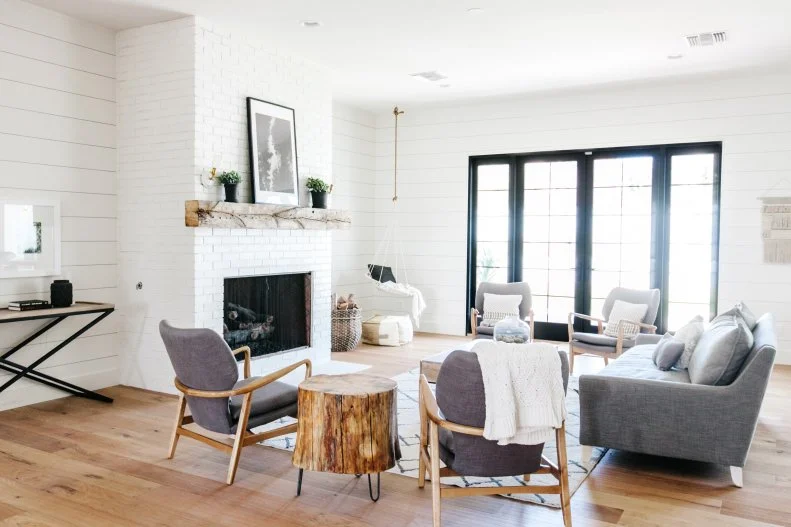 Reclaimed Wood Mantle in White Living Room 