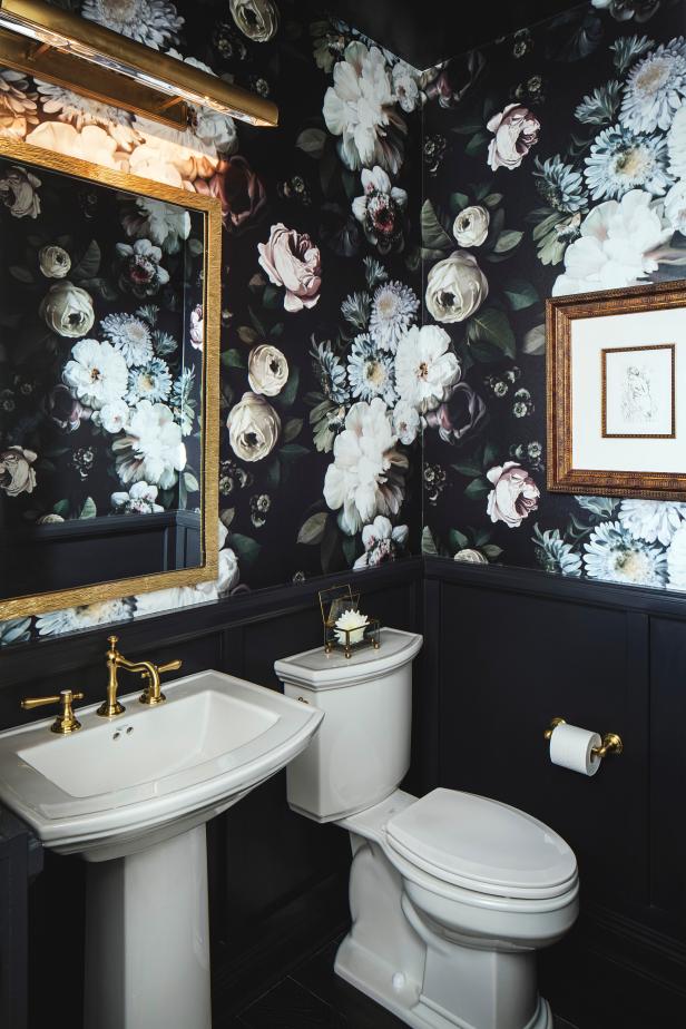 Dark Powder Room With Floral Wallpaper