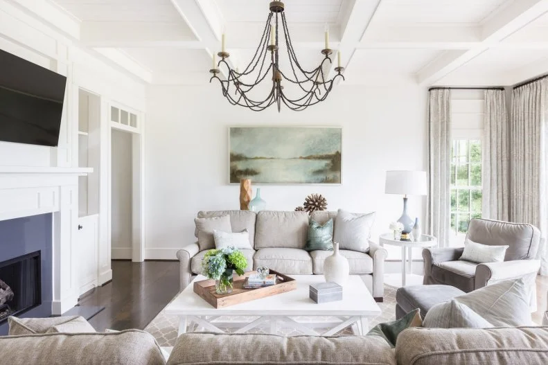 Cottage Living Room With Chandelier