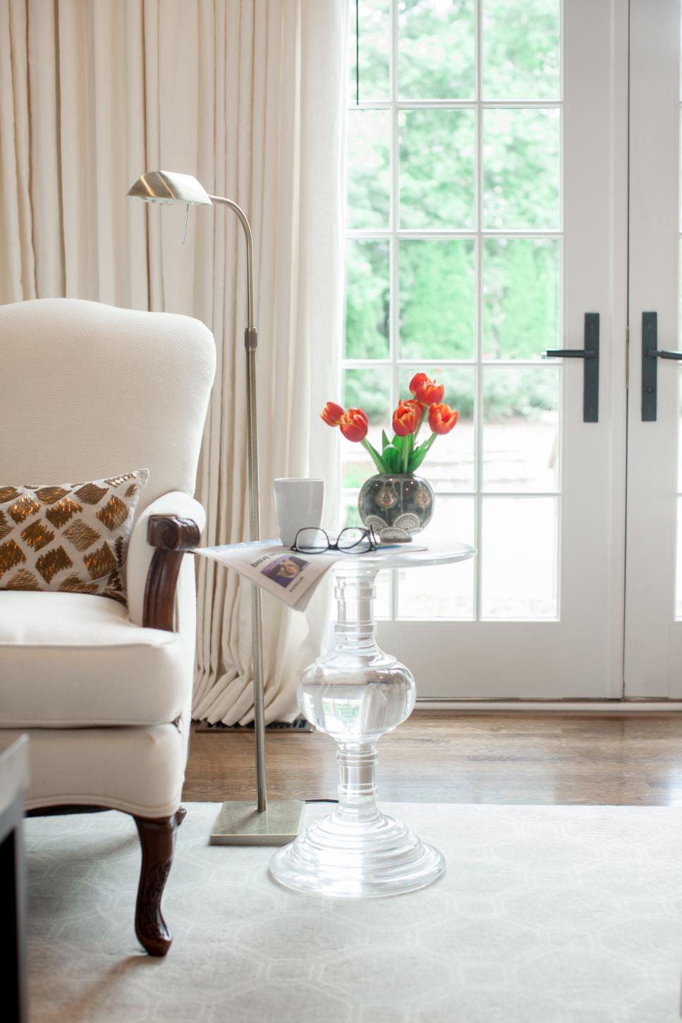 Clear End Table and White Armchair Clear End Table