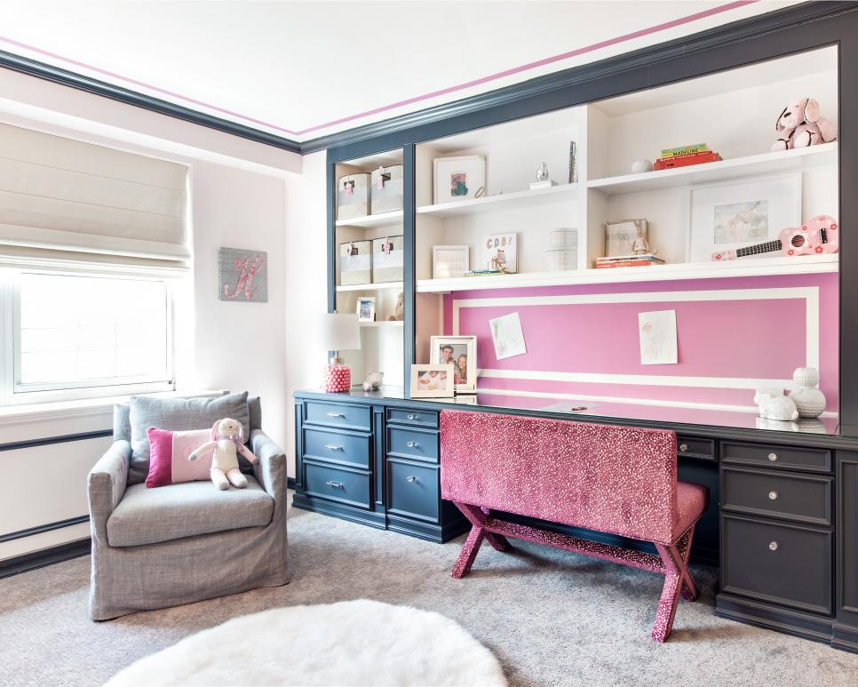 Contemporary Girl's Bedroom Featuring Deep Blue Built In Shelf and Raspberry Accents White Contemporary Girl's Room