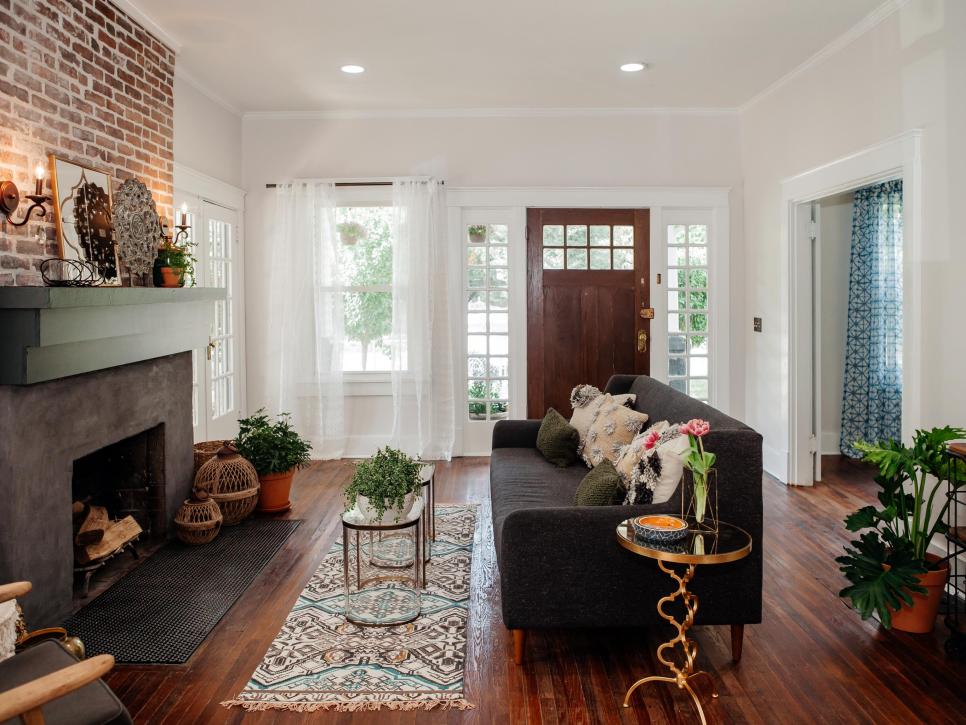 Rustic Neutral Living Room with Brown Hardwood Floors Neutral Living Room with Brown Hardwood Floors and Gray Sofa