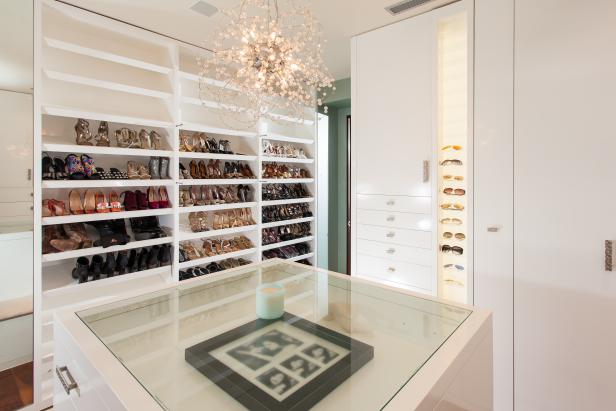 Glass-Topped Island in White Contemporary Walk-In Master Closet
