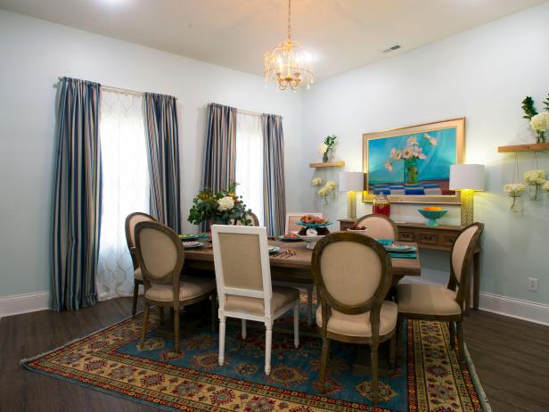 Contemporary Neutral Dining Room with Multicolored Patterned Rug