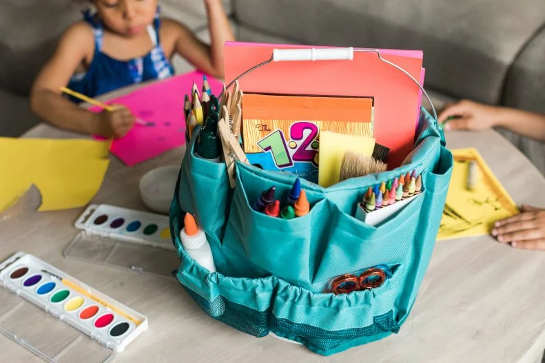 Transform that 5-gallon bucket in the garage into a mobile “creation station“. Simply place a tool organizer around it to keep art supplies neat and tidy. We also love that it makes it that much easier for kids to clean up after themselves. 