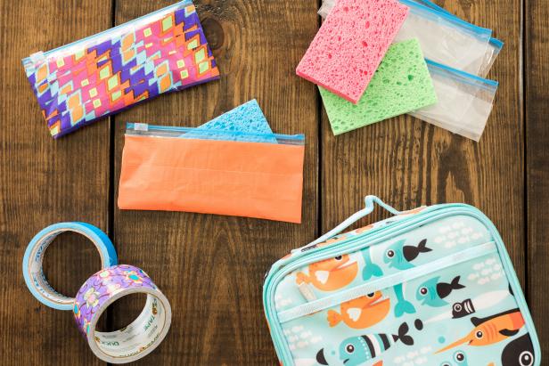 To keep lunches cool, wet a sponge, then freeze it. Place the frozen sponge inside a snack bag wrapped in colorful duct tape. The tape helps decorate and insulate the baggy. As the sponge melts, all the moisture stays inside the bag! 