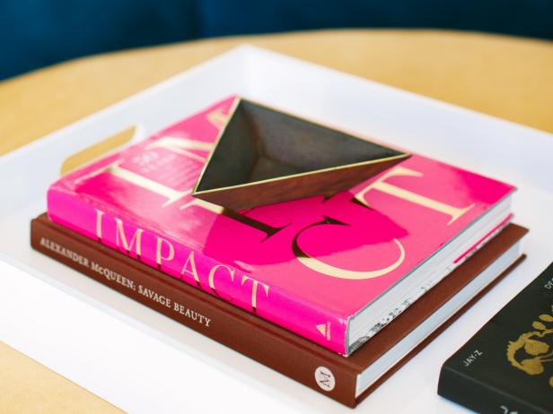 Modern White Tray with Pink, Gold and Brass Accessories Modern White Tray with Pink, Gold and Brass Accessories