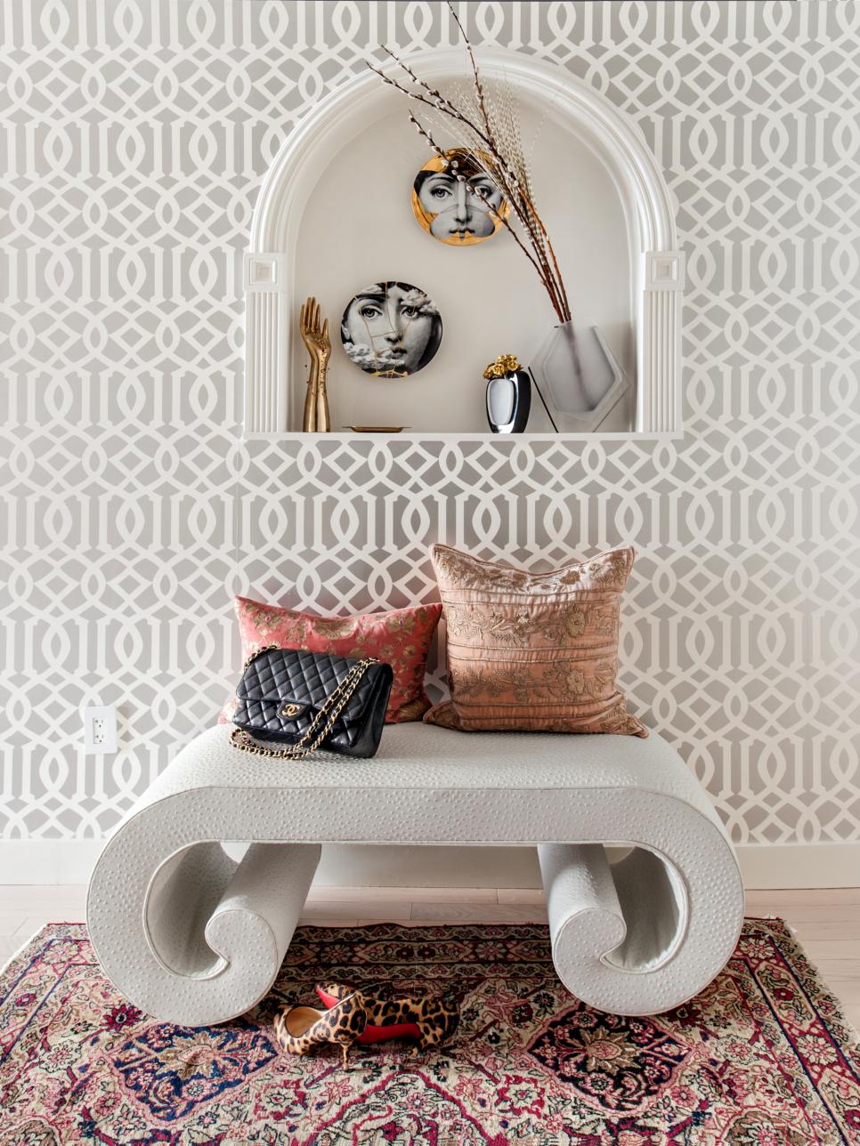 Eclectic Entry Niche This beautiful eclectic entry is sporting patterned wallpaper.