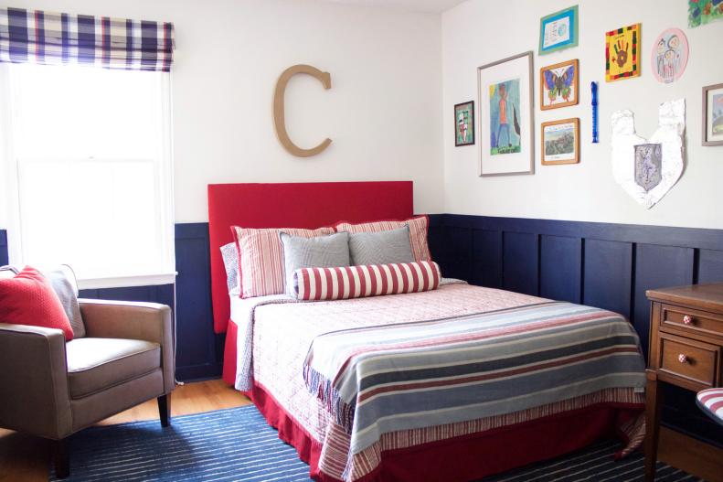 Red White and Blue Bedroom With Board and Batten Molding