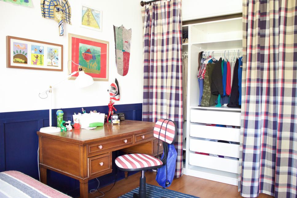 Closet Concealed by Plaid Curtains in Boy's Patriotic Room Closet Concealed by Plaid Curtains in Boy's Patriotic Room