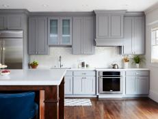 Gray Kitchen with Blue Velvet Barstools