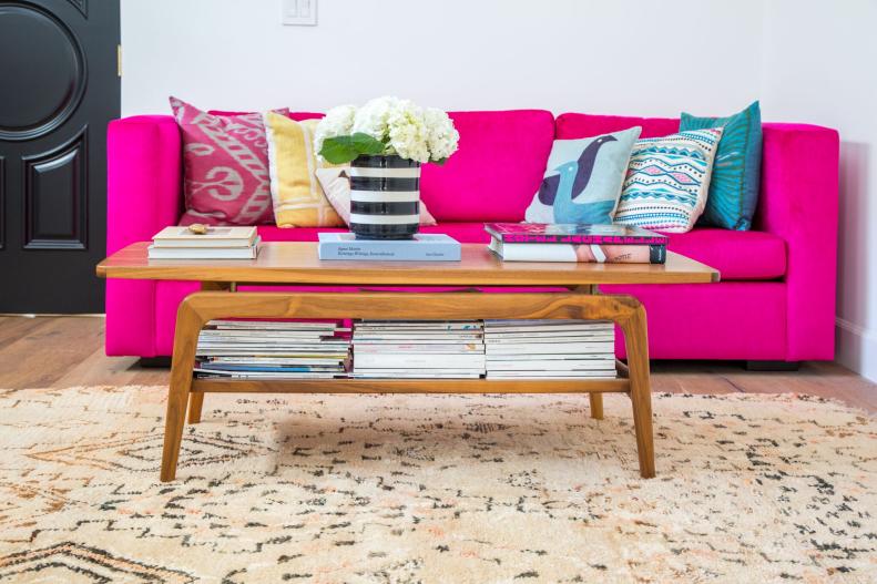 Contemporary Living Room With Bright Pink Sofa
