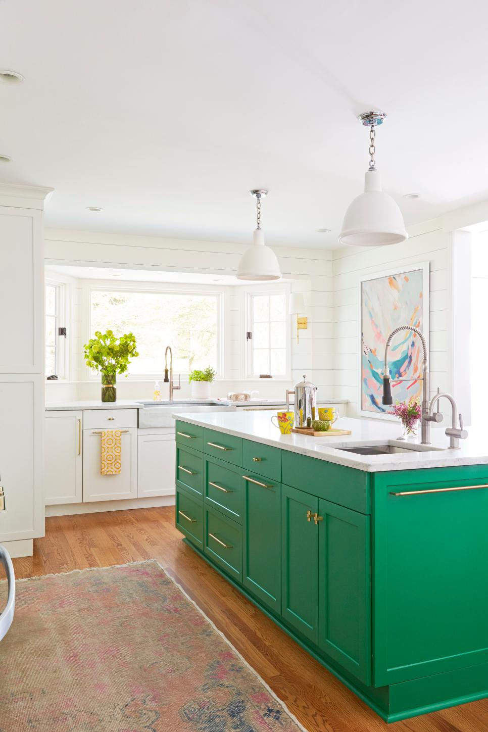 White Kitchen With Shiplap Walls and Large Green Island White Kitchen With Shiplap Walls and Large Green Island