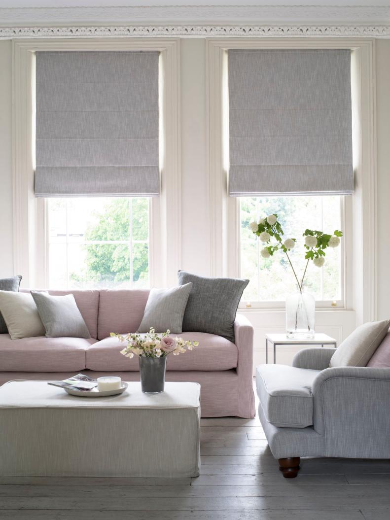 Living Room with Pale Pink Sofa and Gray Shades