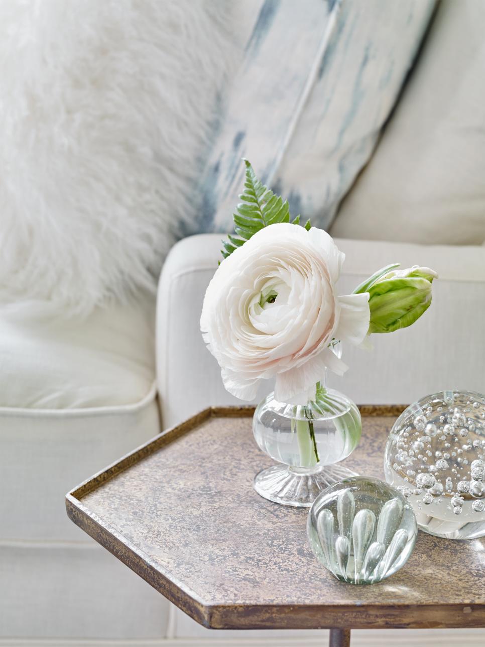 Glass Orbs and Vase on Rimmed Metal Side Table Glass Orbs and Vase on Rimmed Metal Side Table
