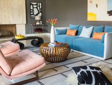 Pale Pinks and Bright Blues in Eclectic-Midcentury Modern Living Room 