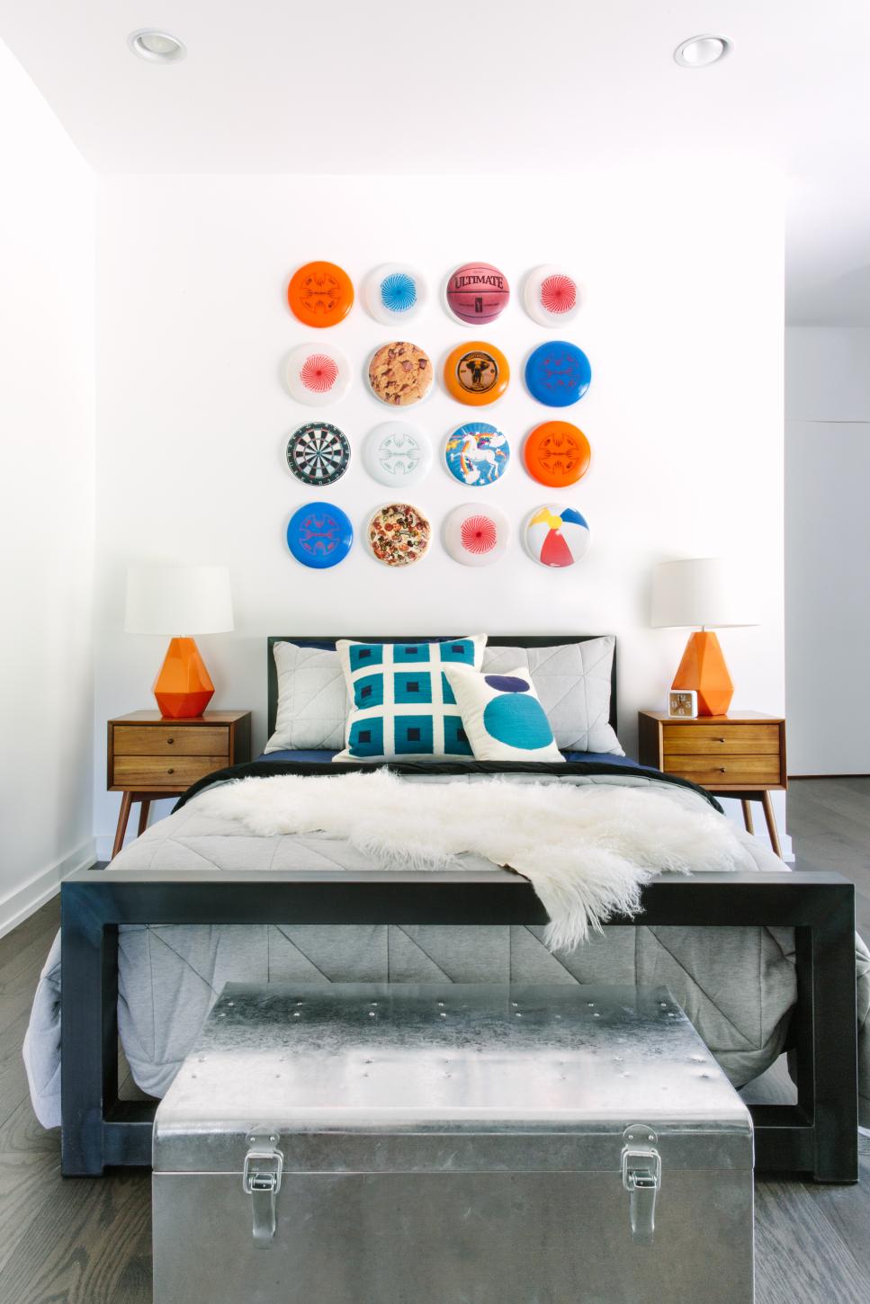 Neutral, Masculine, Eclectic Teenage Boy's Room with Bold Pops of Color Bold Pops of Color in Neutral, Masculine, Eclectic Teenage Boy's Room