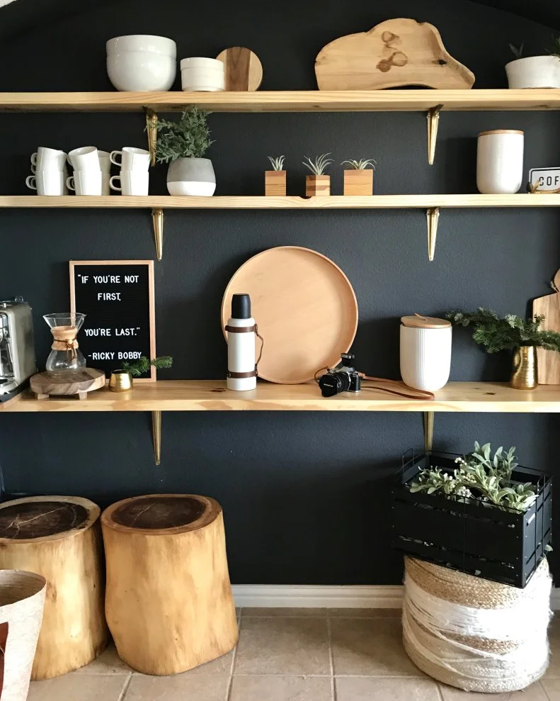 Midcentury Modern Living Room with Open Shelving Coffee Bar